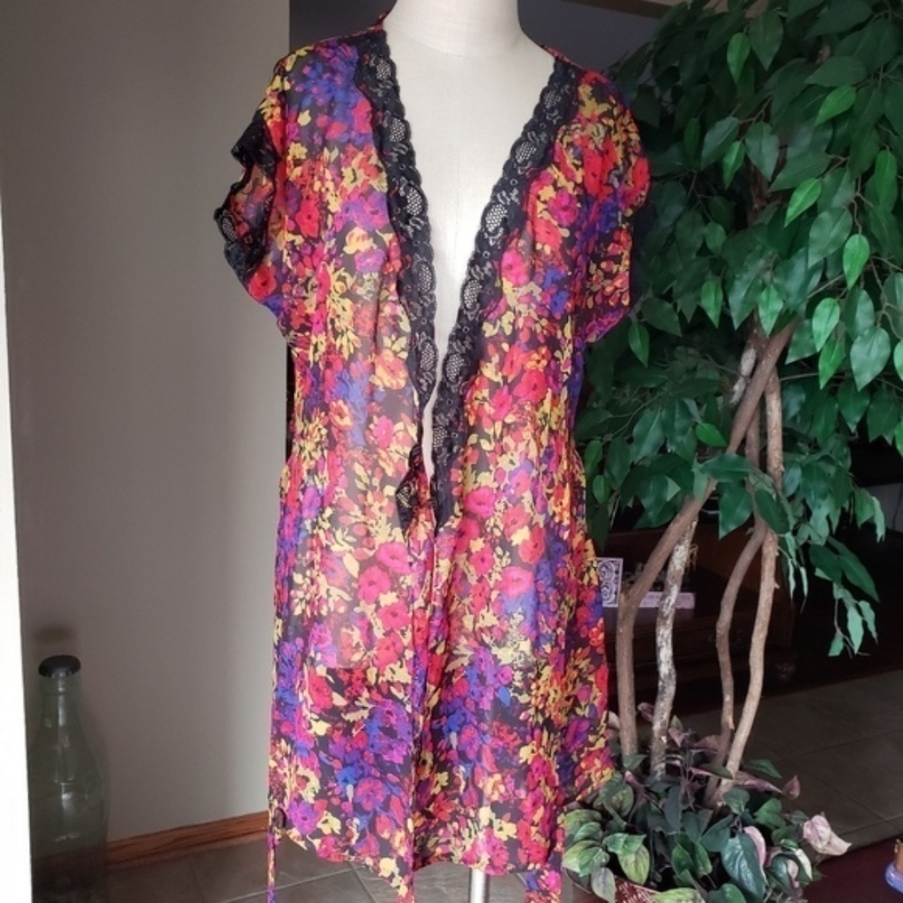 NWOT Lace Trim Vibrant Sexy Belted Robe S - Picture 6 of 8